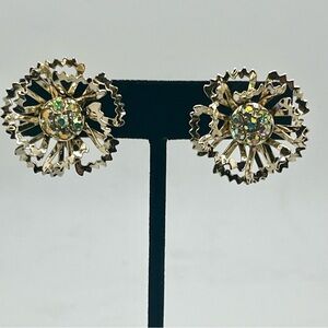 vintage sarah coventry gold tone ab rhinestone clip earrings